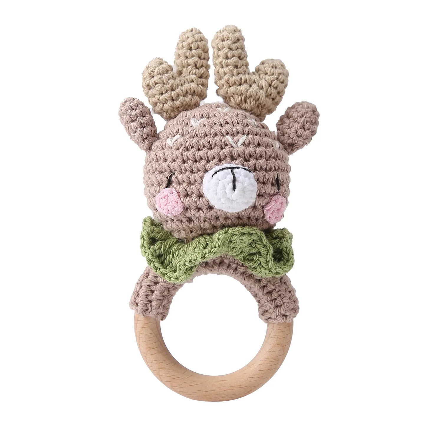 Crocheted baby rattle & wooden teething ring – BPA-free