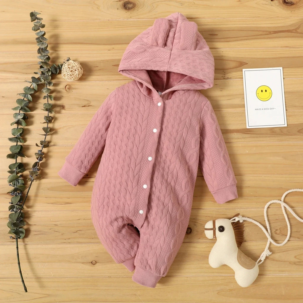 Hooded romper – long sleeves – warm &amp; soft – baby 0–24 months