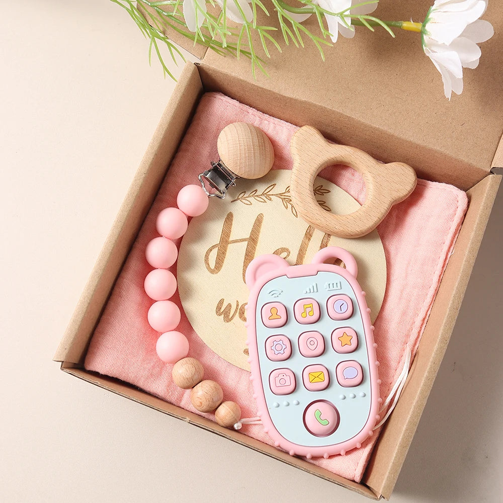 Baby gift set – phone teether, pacifier clip &amp; bib – maternity gift in gift box