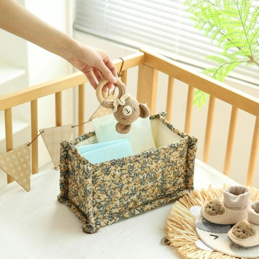 Cotton storage basket with floral print - quilted - multifunctional for diapers, care