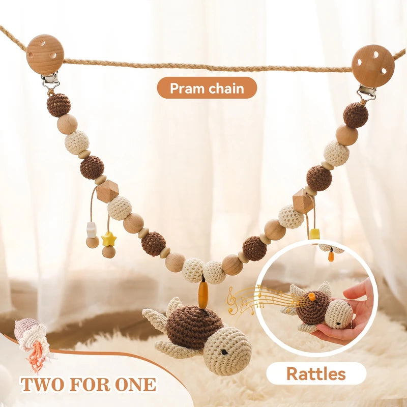 Wooden baby gym or stroller hanger – crocheted animals &amp; beads