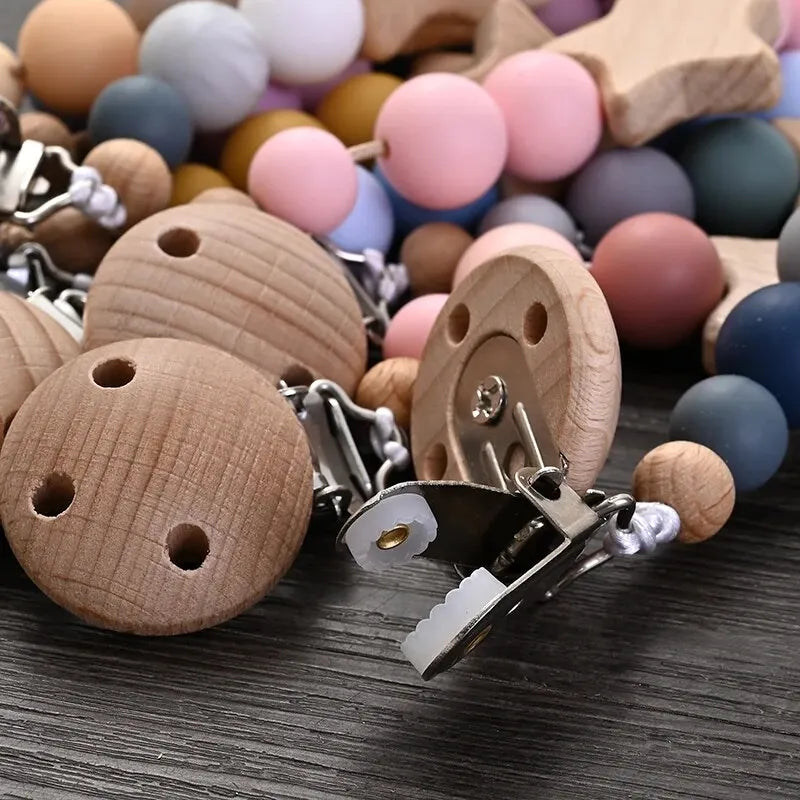 Pacifier clip with wooden teething ring – silicone beads &amp; star – BPA-free – baby gift