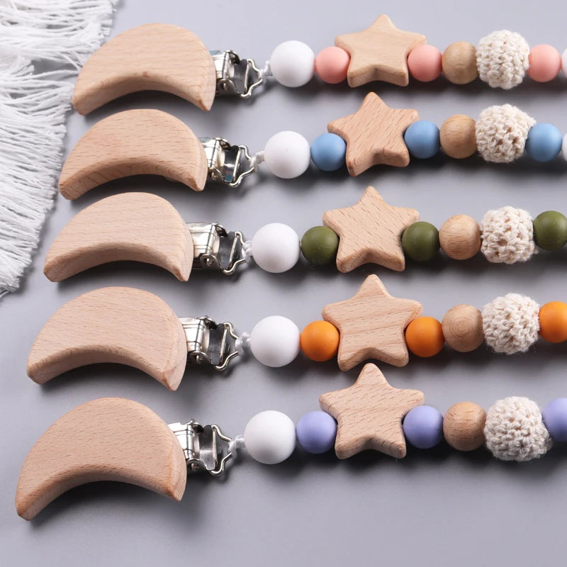 Wooden pacifier clip with crocheted beads &amp; moon clip – handmade &amp; safe – baby teether