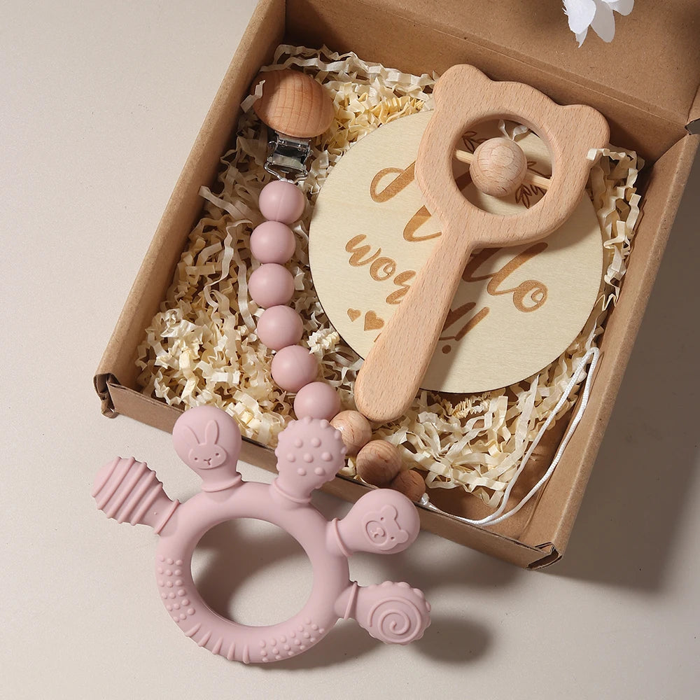 Baby gift set – hand-shaped teething ring, pacifier clip, wooden bear rattle – maternity gift in gift box