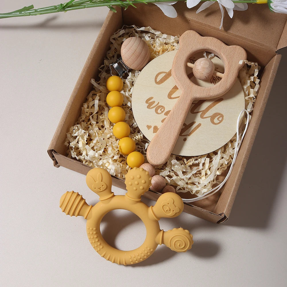 Baby gift set – hand-shaped teething ring, pacifier clip, wooden bear rattle – maternity gift in gift box