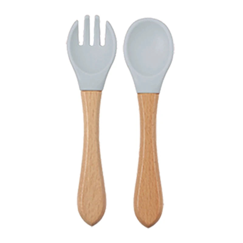 Baby silicone dinner set – plate, bowl, wooden spoon &amp; fork – BPA-free &amp; non-slip