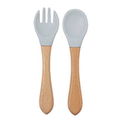 Baby silicone dinner set – plate, bowl, wooden spoon &amp; fork – BPA-free &amp; non-slip