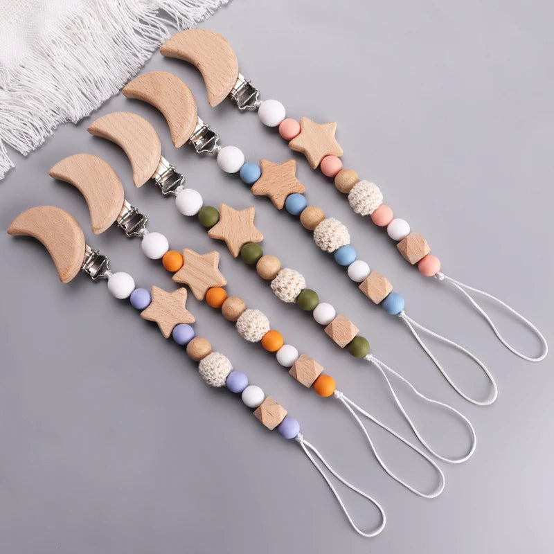 Wooden pacifier clip with crocheted beads &amp; moon clip – handmade &amp; safe – baby teether