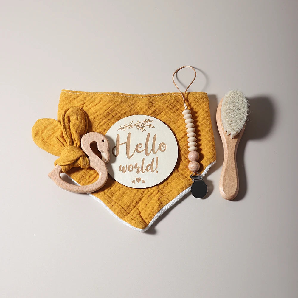 Baby gift set with teething ring, pacifier clip, bib, wooden circle &amp; brush - maternity gift in gift box