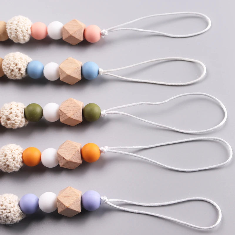 Wooden pacifier clip with crocheted beads &amp; moon clip – handmade &amp; safe – baby teether