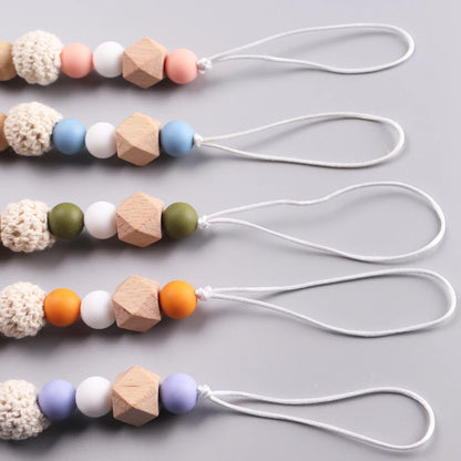 Wooden pacifier clip with crocheted beads &amp; moon clip – handmade &amp; safe – baby teether