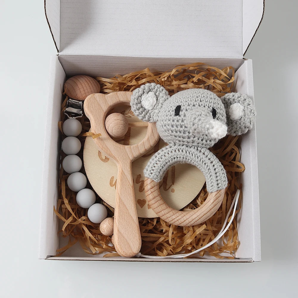 Baby gift set – crocheted rattle, pacifier clip, teething ring &amp; circle - maternity gift in gift box