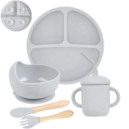 5-Piece Silicone Children's Dinnerware Set - Non-Slip Plate, Bowl, Spoon &amp; Fork - BPA-Free