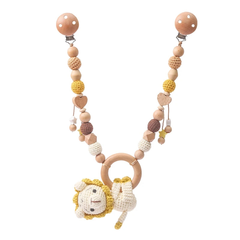 Wooden baby gym or stroller hanger – crocheted animals &amp; beads