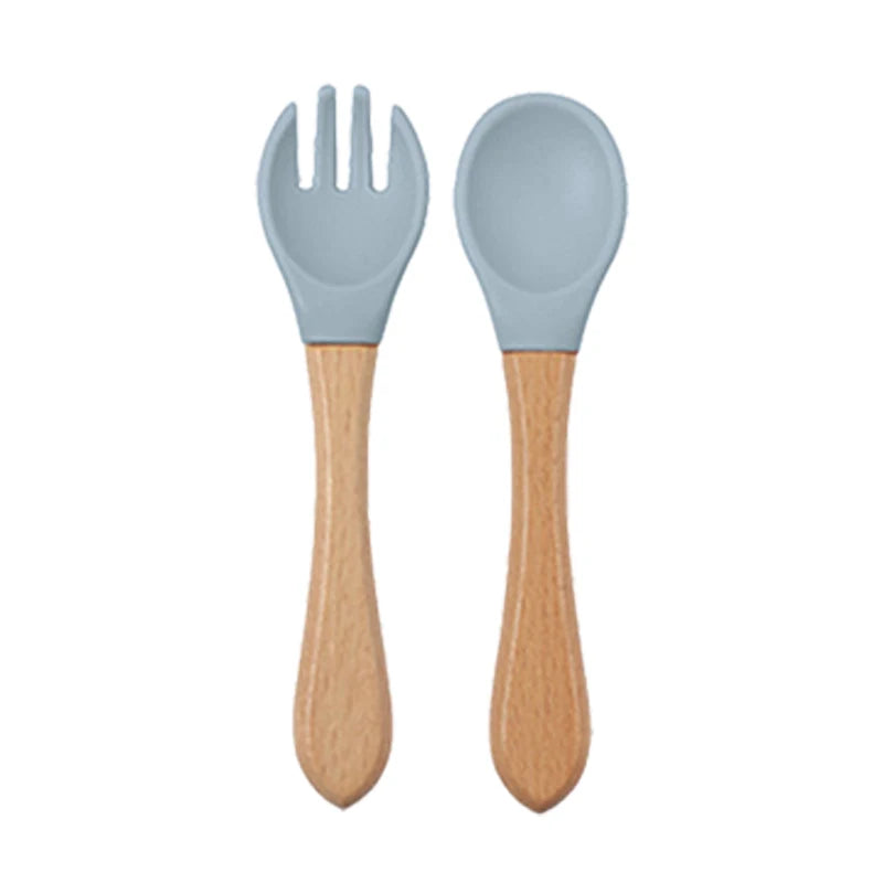 Baby silicone dinner set – plate, bowl, wooden spoon &amp; fork – BPA-free &amp; non-slip