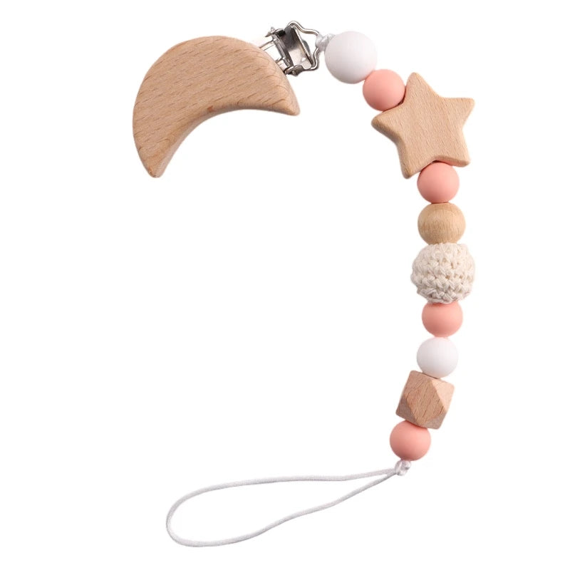 Wooden pacifier clip with crocheted beads &amp; moon clip – handmade &amp; safe – baby teether