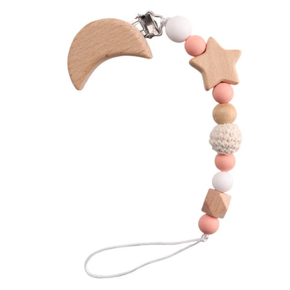 Wooden pacifier clip with crocheted beads &amp; moon clip – handmade &amp; safe – baby teether