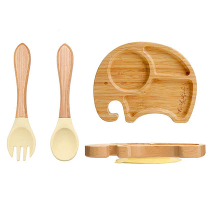 3-piece bamboo children's dinnerware set - plate, bowl &amp; cutlery - with silicone suction cup - sustainable &amp; BPA-free