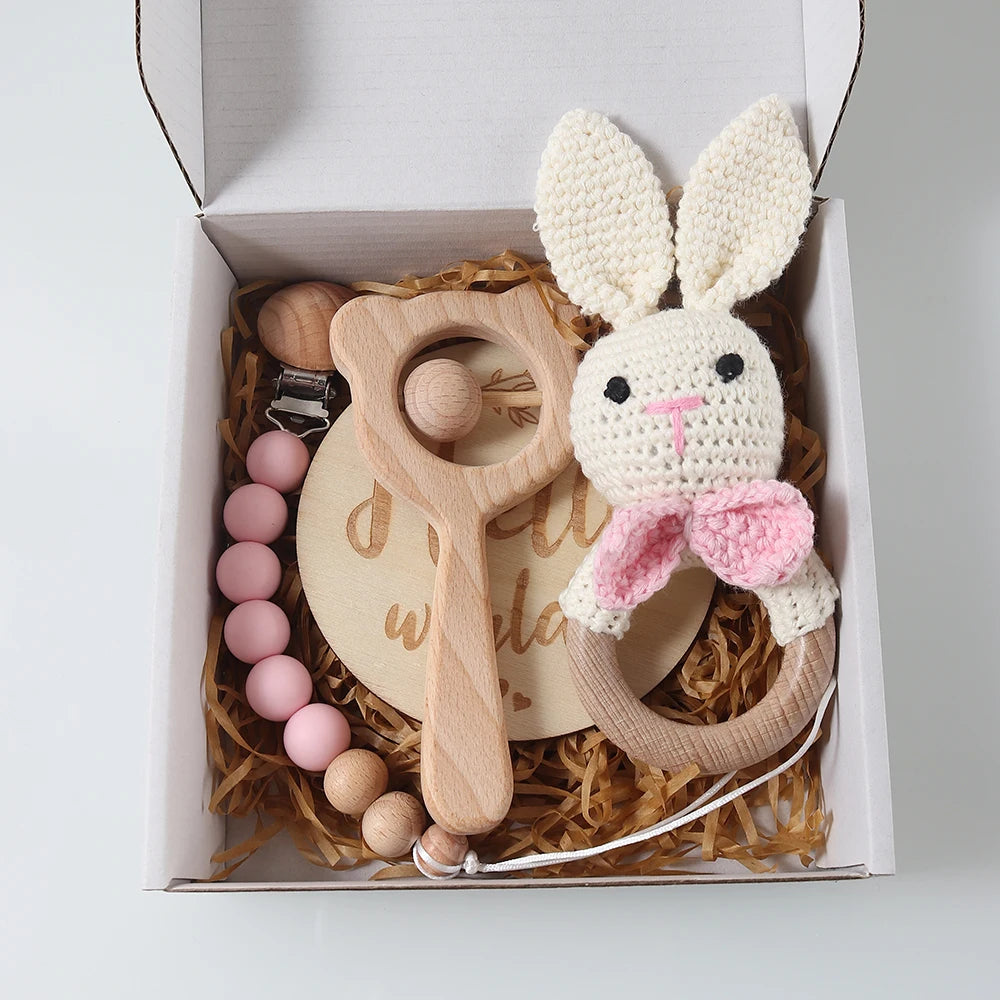 Baby gift set – crocheted rattle, pacifier clip, teething ring &amp; circle - maternity gift in gift box