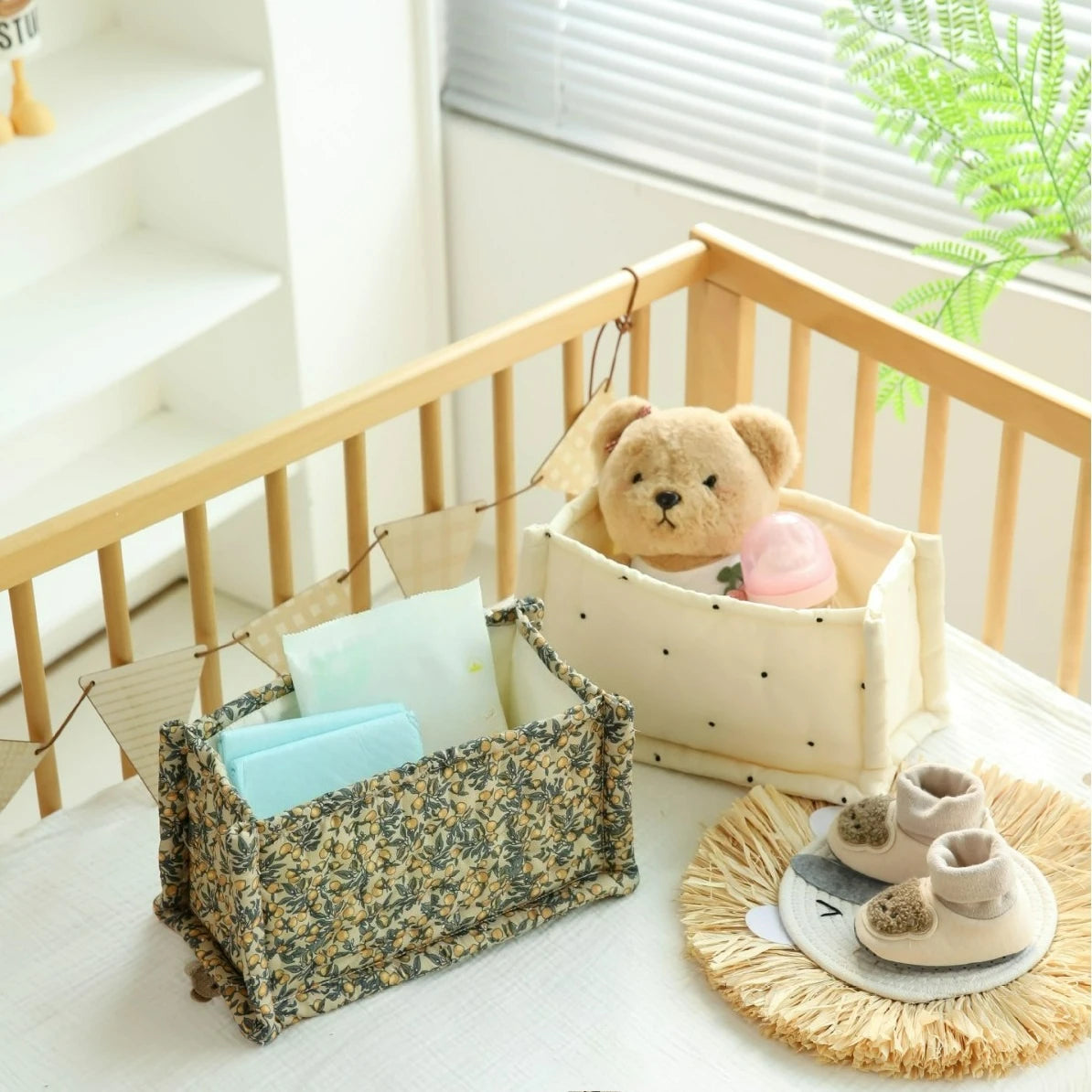 Cotton storage basket with floral print - quilted - multifunctional for diapers, care