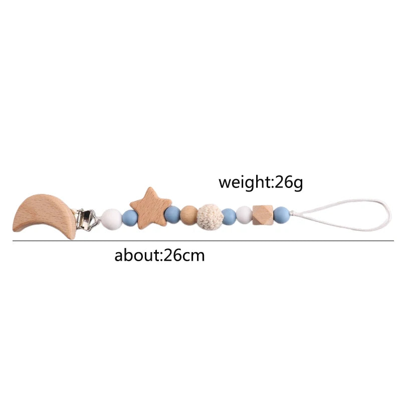 Wooden pacifier clip with crocheted beads &amp; moon clip – handmade &amp; safe – baby teether