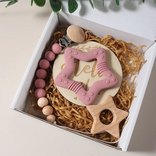 Baby gift set – teething ring, pacifier clip &amp; milestone card – maternity gift in a gift box