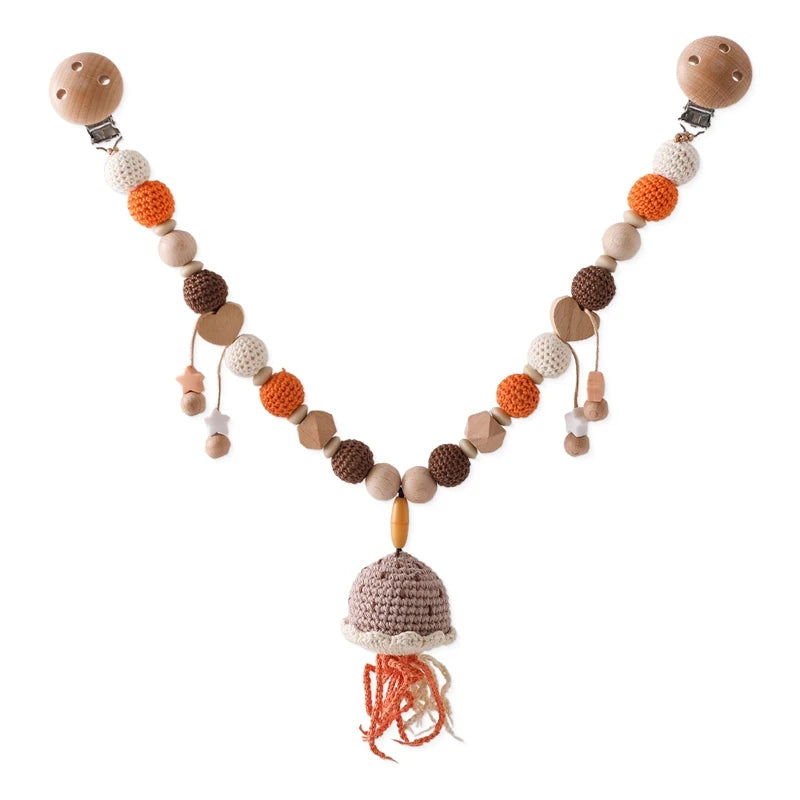 Wooden baby gym or stroller hanger – crocheted animals &amp; beads