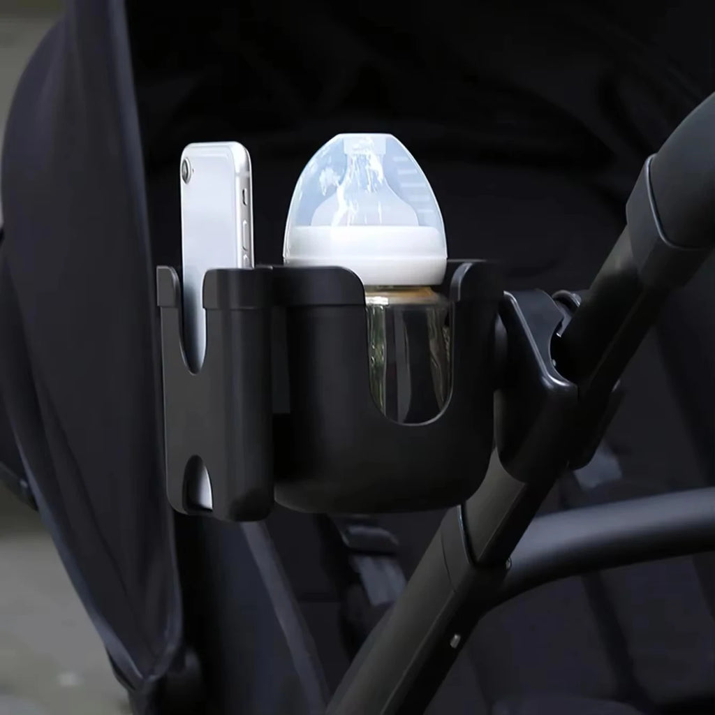 Stroller cup holder with phone pocket – non-slip bottle holder – universal accessory for buggies &amp; strollers