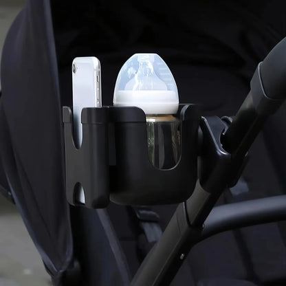 Stroller cup holder with phone pocket – non-slip bottle holder – universal accessory for buggies &amp; strollers