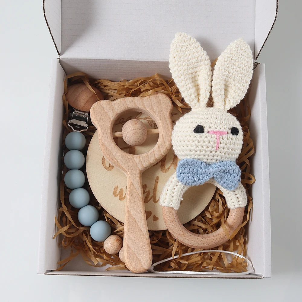 Baby gift set – crocheted rattle, pacifier clip, teething ring &amp; circle - maternity gift in gift box