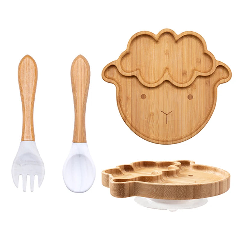 3-piece bamboo children's dinnerware set - plate, bowl &amp; cutlery - with silicone suction cup - sustainable &amp; BPA-free
