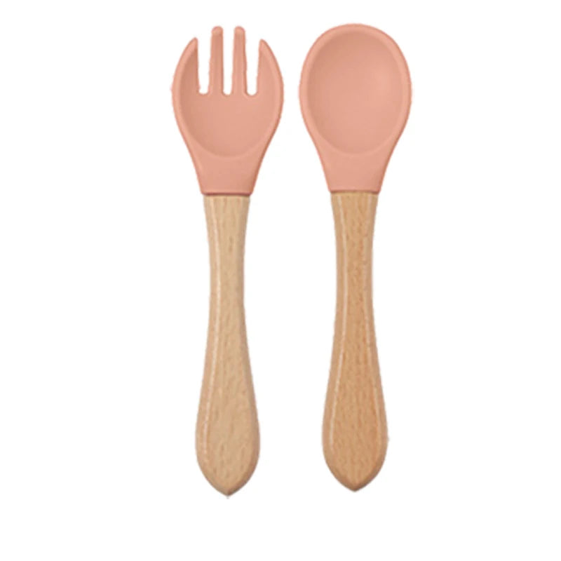 Baby silicone dinner set – plate, bowl, wooden spoon &amp; fork – BPA-free &amp; non-slip