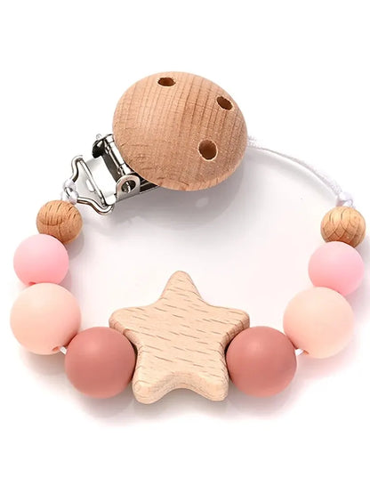 Pacifier clip with wooden teething ring – silicone beads &amp; star – BPA-free – baby gift