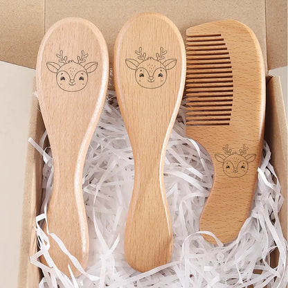 Baby gift set – hair care set with comb, brush &amp; air cushion brush – natural beech wood &amp; wool - maternity gift in gift box