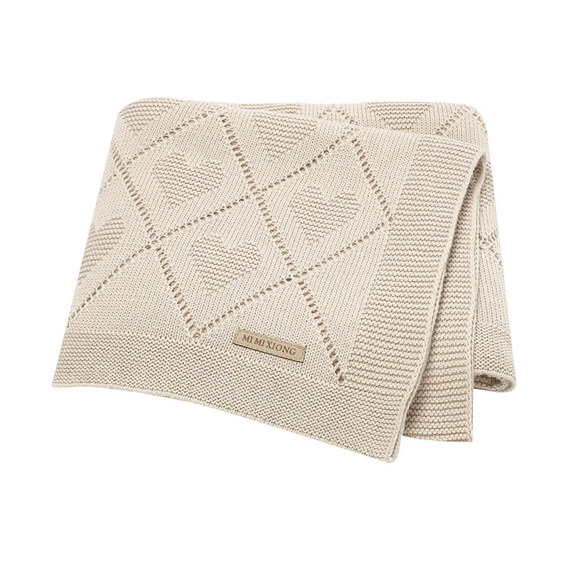 Knitted baby blanket cotton with hearts – 90x70 cm – for crib, stroller &amp; swaddle