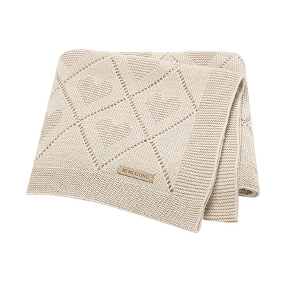 Knitted baby blanket cotton with hearts – 90x70 cm – for crib, stroller &amp; swaddle