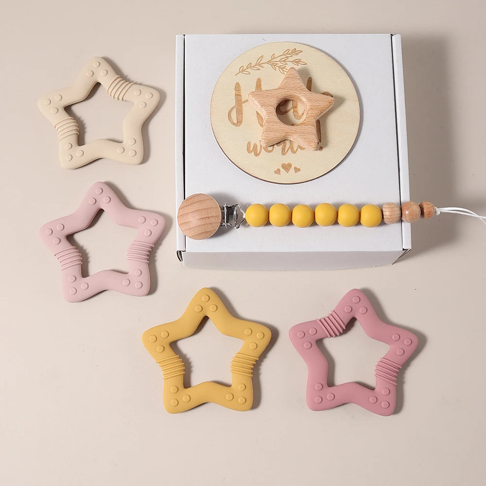 Baby gift set – teething ring, pacifier clip &amp; milestone card – maternity gift in a gift box