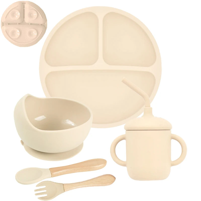 5-Piece Silicone Children's Dinnerware Set - Non-Slip Plate, Bowl, Spoon &amp; Fork - BPA-Free