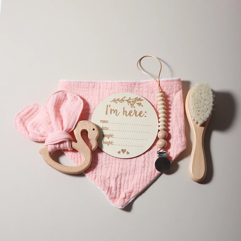 Baby gift set with teething ring, pacifier clip, bib, wooden circle &amp; brush - maternity gift in gift box