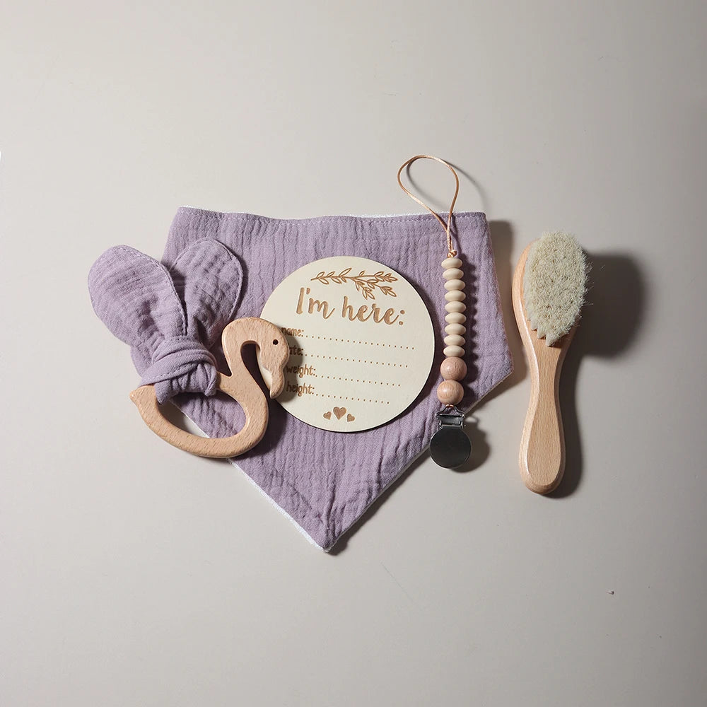 Baby gift set with teething ring, pacifier clip, bib, wooden circle &amp; brush - maternity gift in gift box