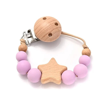 Pacifier clip with wooden teething ring – silicone beads &amp; star – BPA-free – baby gift