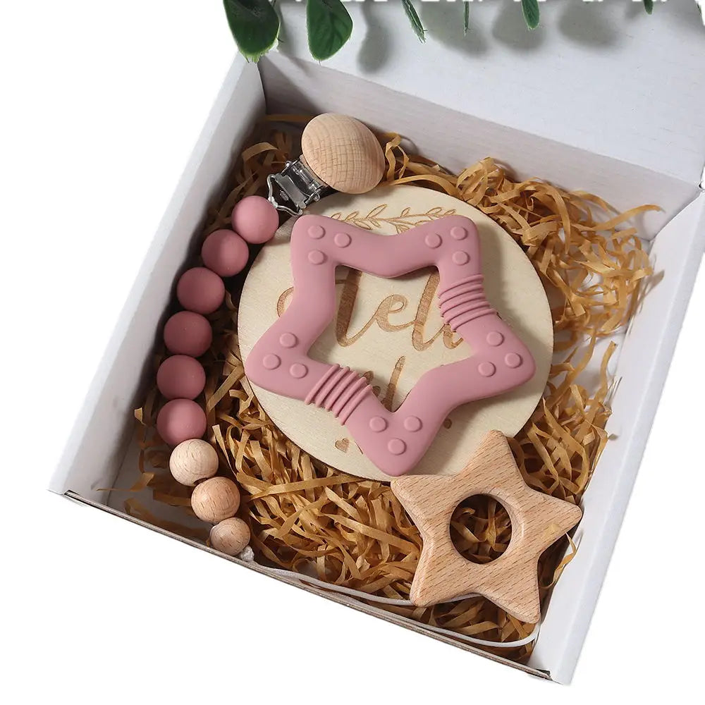 Baby gift set – teething ring, pacifier clip &amp; milestone card – maternity gift in a gift box