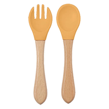 Baby silicone dinner set – plate, bowl, wooden spoon &amp; fork – BPA-free &amp; non-slip