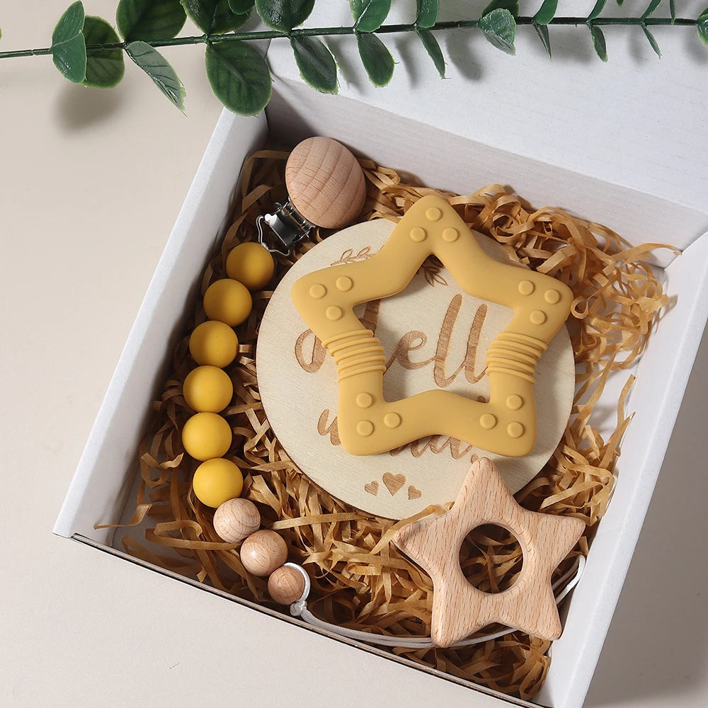 Baby gift set – teething ring, pacifier clip &amp; milestone card – maternity gift in a gift box