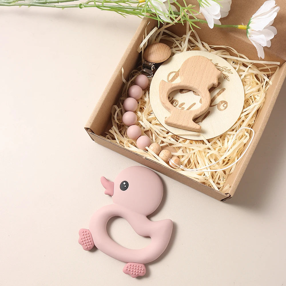 Baby gift set – duck teether, pacifier clip, bib &amp; wooden rattle – maternity gift in gift box