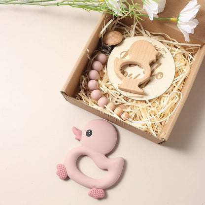 Baby gift set – duck teether, pacifier clip, bib &amp; wooden rattle – maternity gift in gift box