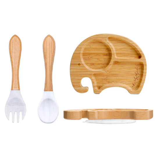 3-piece bamboo children's dinnerware set - plate, bowl &amp; cutlery - with silicone suction cup - sustainable &amp; BPA-free