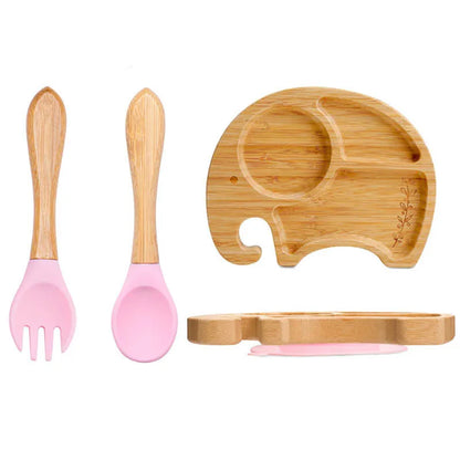 3-piece bamboo children's dinnerware set - plate, bowl &amp; cutlery - with silicone suction cup - sustainable &amp; BPA-free