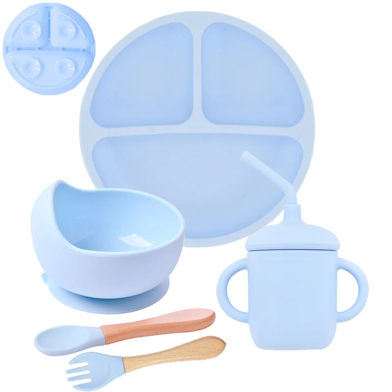 5-Piece Silicone Children's Dinnerware Set - Non-Slip Plate, Bowl, Spoon &amp; Fork - BPA-Free