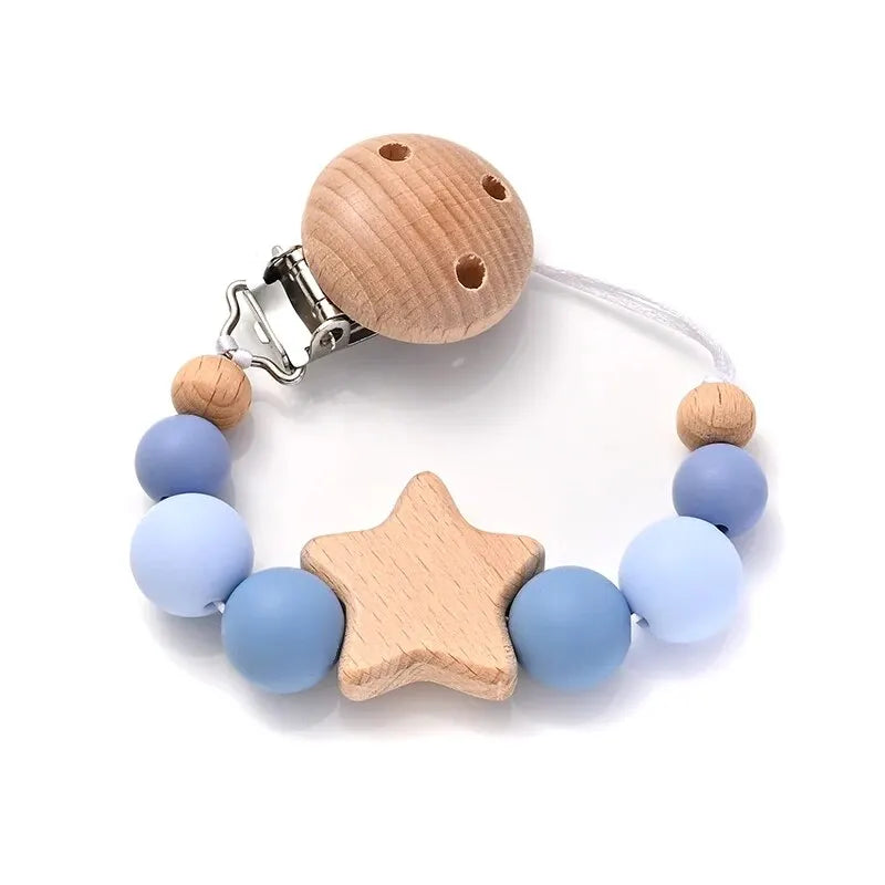 Pacifier clip with wooden teething ring – silicone beads &amp; star – BPA-free – baby gift
